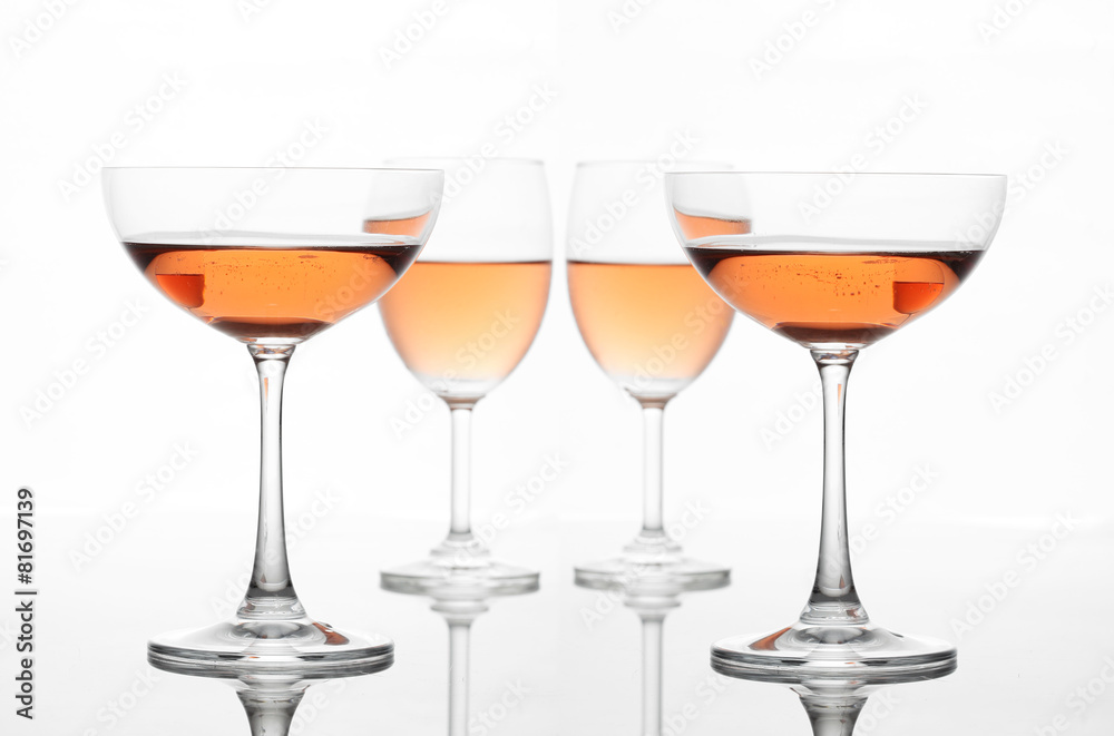 The sparking rose wine in the wine and coctail glass group set The sparking rose wine in the wine and coctail glass group set