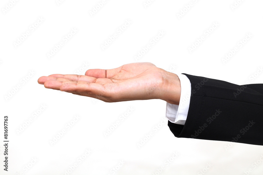 Open palm hand gesture of businesswoman hand on white background Open palm hand gesture of businesswoman hand on white background