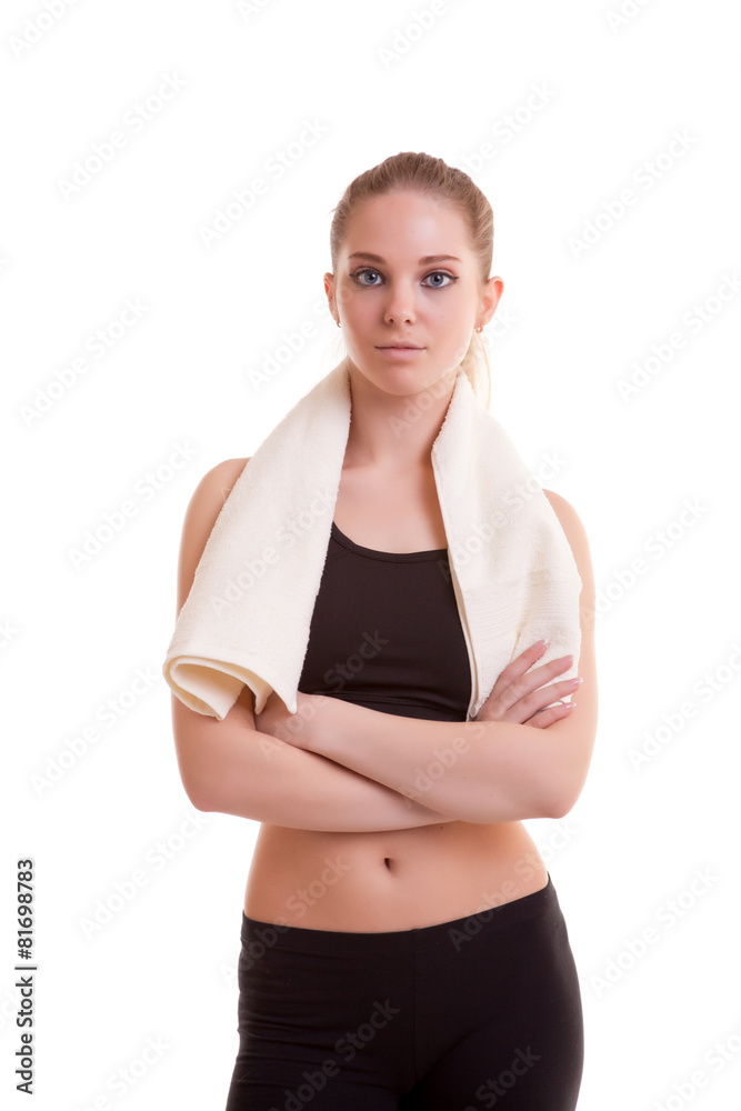 Healthy young woman after sport with towel on shoulder Healthy young woman after sport with towel on shoulder