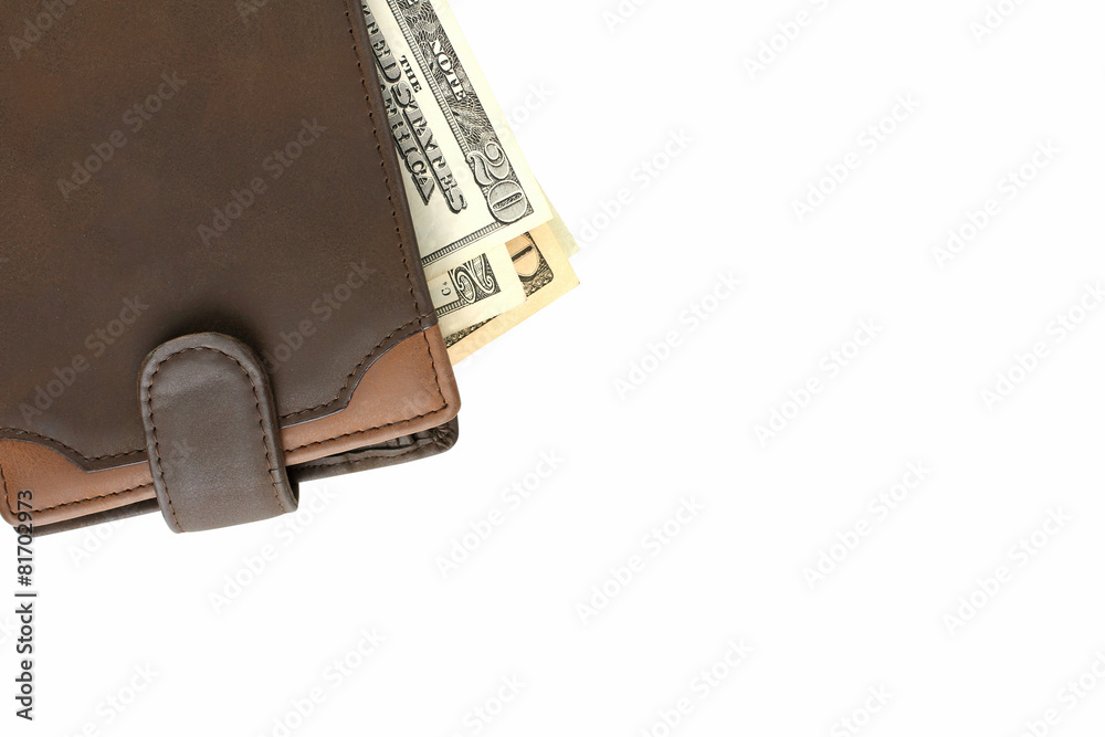 Brown wallet with money on white background Brown wallet with money on white background