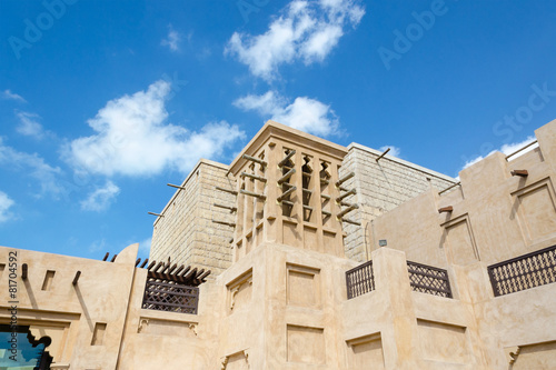 Old wind tower, Arabian architecture, Madinat Jumeirah, Dubai, UAE.