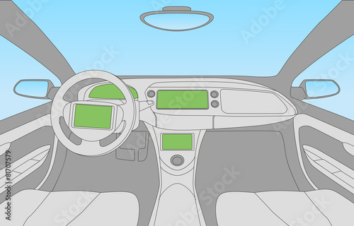 generic car cockipt, line drawing illustration