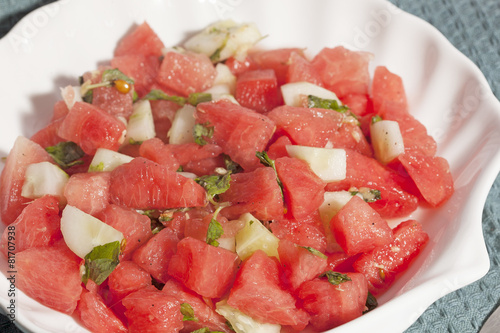 Refreshing watermelon, cucumber and mint salad.