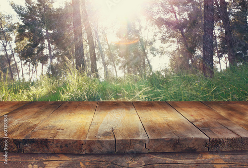 vintage wooden board table in front of dreamy and abstract fores