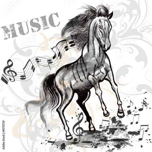 Music background with running horse and notes
