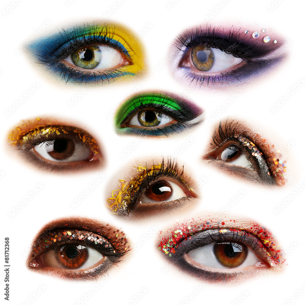 Collage of beautiful female eyes with bright make-up, isolated on white Collage of beautiful female eyes with bright make-up, isolated on white