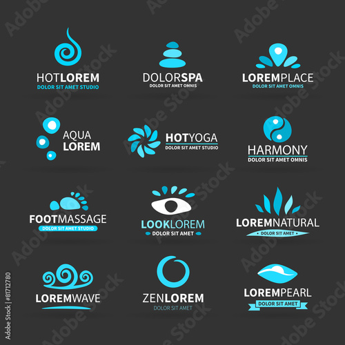 First big set of spa hot yoga zen massage logo elements vector
