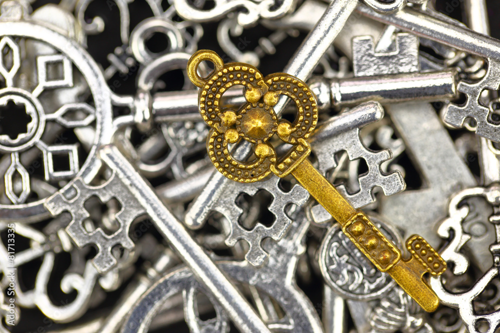 Golden antique key on pile of metallic keys closeup