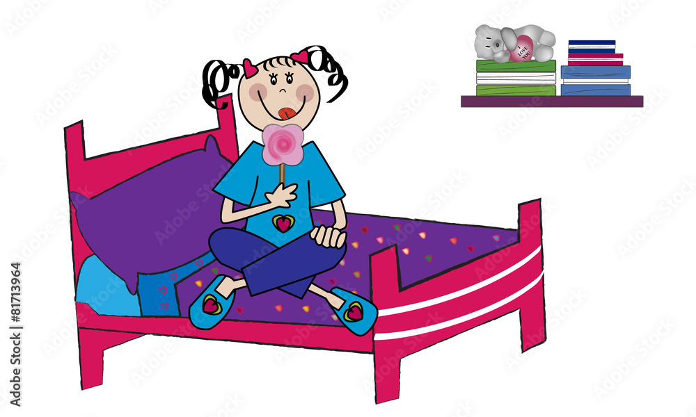 Niña feliz sentada en la cama comiéndose una piruleta Stock Vector | Adobe  Stock