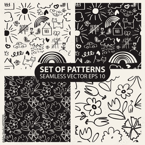 set of seamless hand drawn patterns in the style of children photo