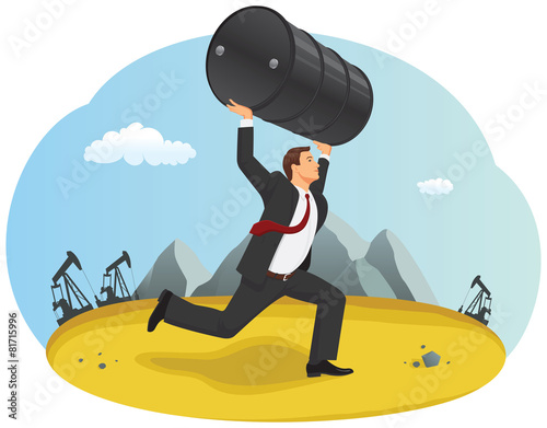 Businessman is running with the oil barrel through the desert