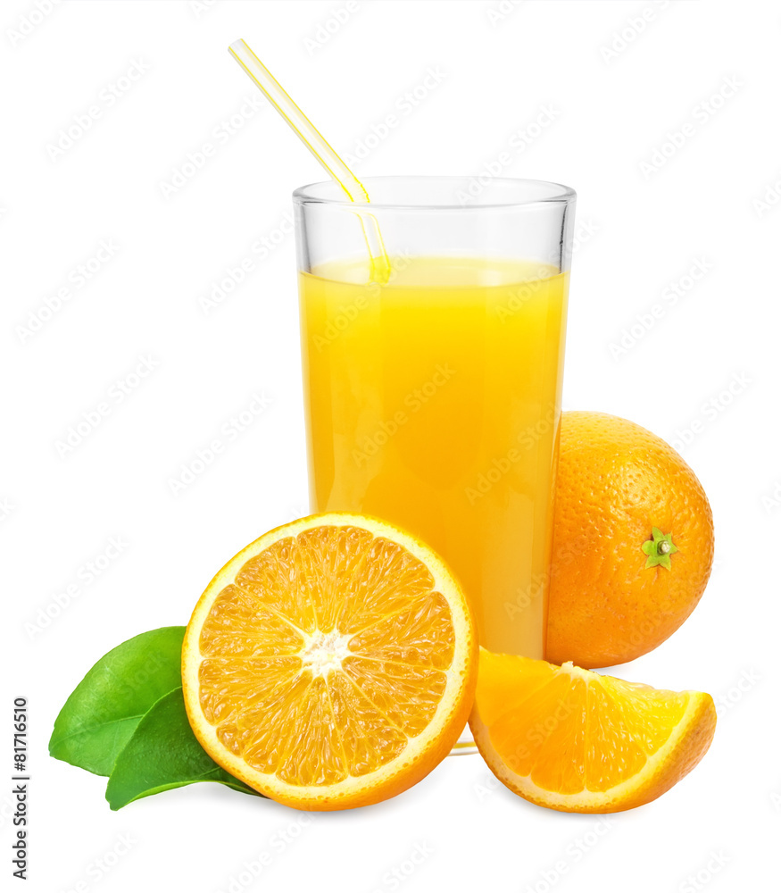 Orange juice and oranges with leaves Orange juice and oranges with leaves