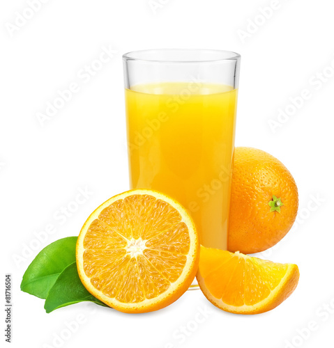 Orange juice and oranges with leaves