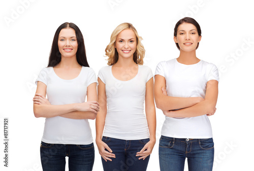 group of smiling women in blank white t-shirts