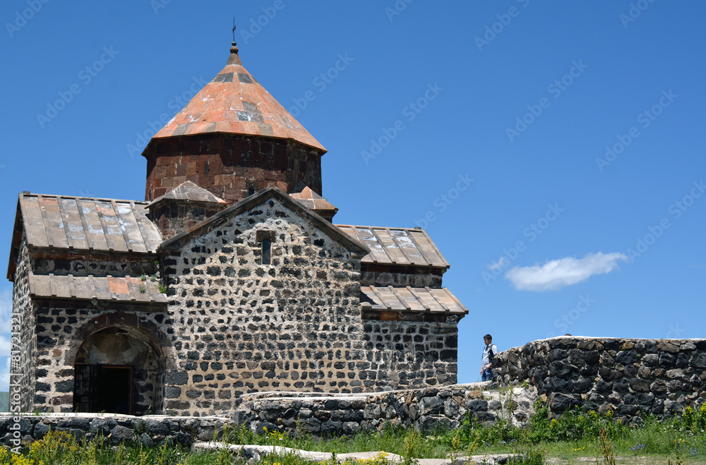 Front view of Sevanavank church with a tourist
