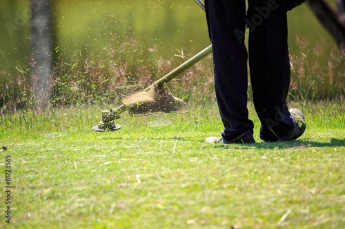 The gardener cutting grass by lawn mower