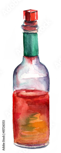 Watercolor drawing of hot pepper sauce bottle