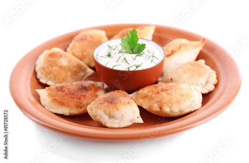 Fried dumplings with onion on plate, isolated on white