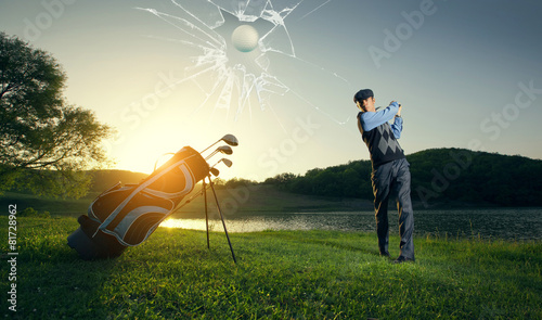 Golfer bounce breaks screen glass. Playing golf in countryside