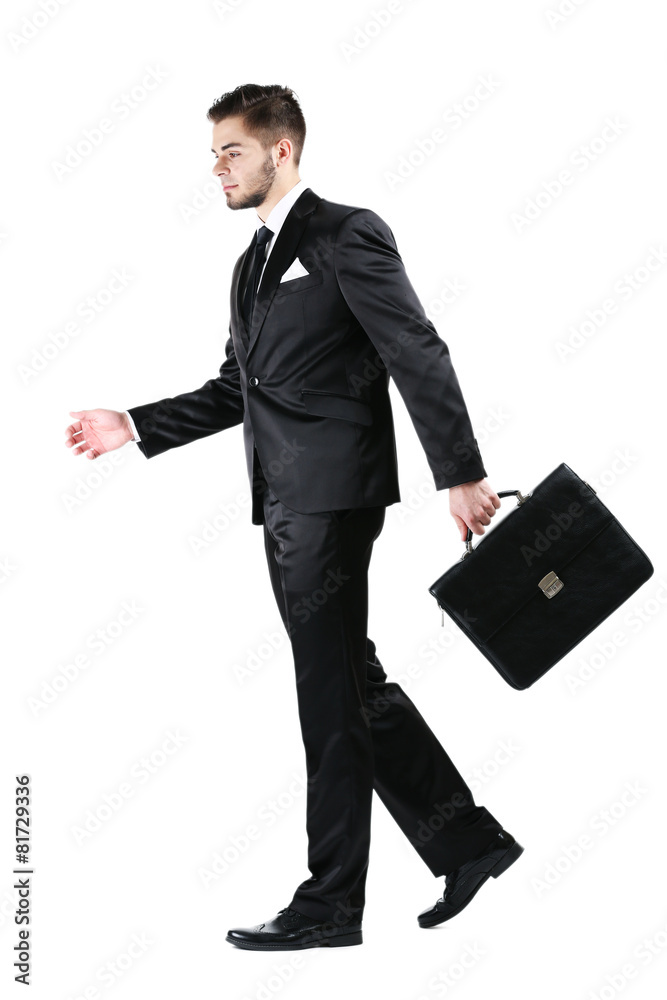 Elegant man in suit with briefcase isolated on white Elegant man in suit with briefcase isolated on white