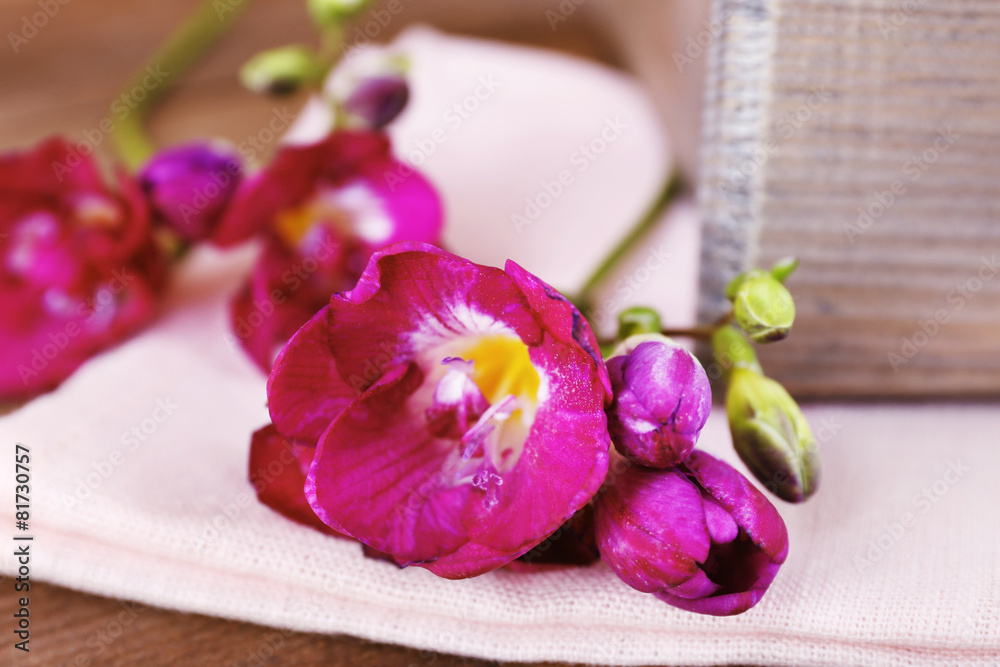 Beautiful spring flowers on wooden table, closeup