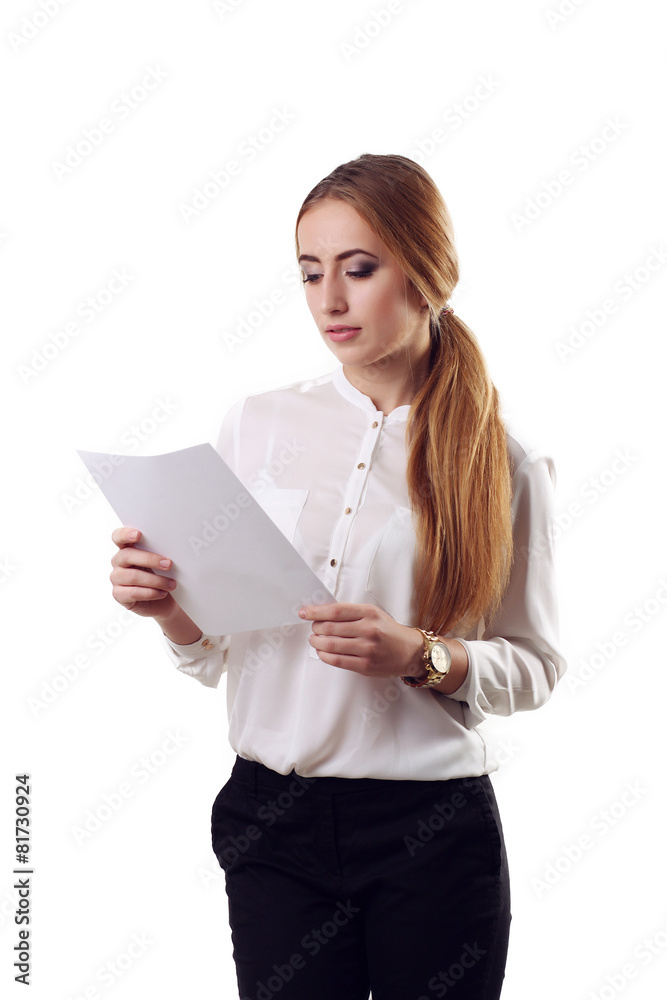 Portrait of smiling business woman with blank paper, isolated on Portrait of smiling business woman with blank paper, isolated on