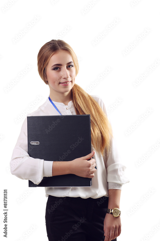 Business woman hold paper folder. Smiling female model isolated Business woman hold paper folder. Smiling female model isolated