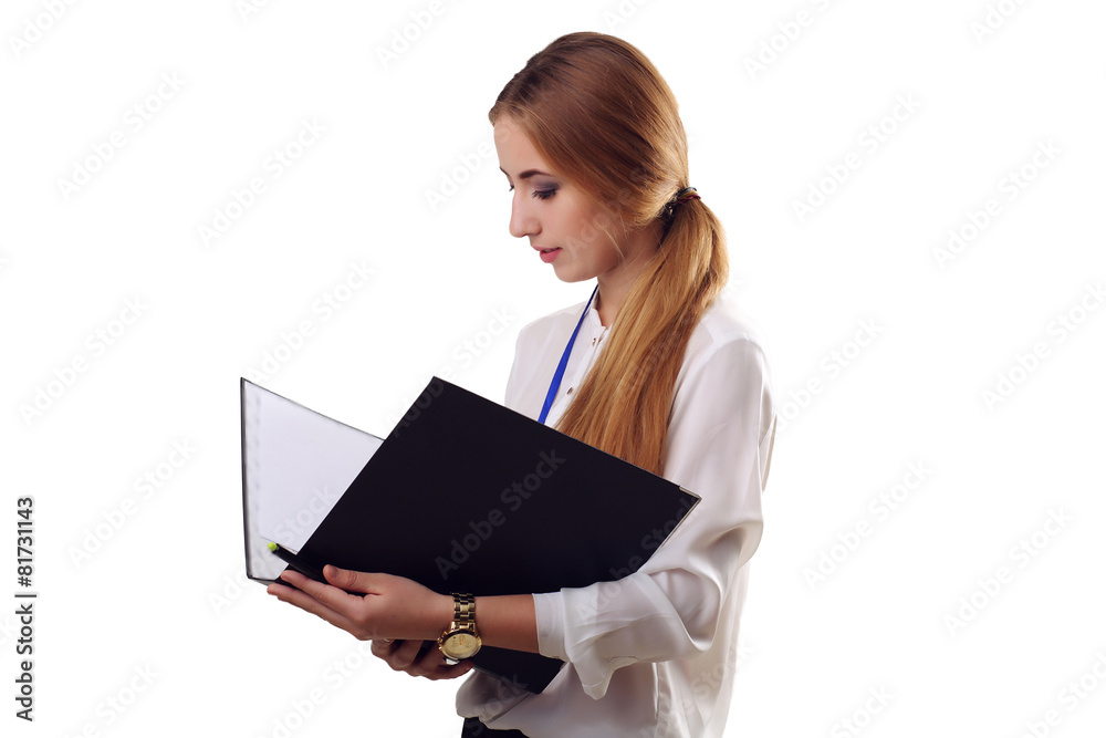 Smiling Young American Businesswoman Holding Folders on Isolate Smiling Young American Businesswoman Holding Folders on Isolate