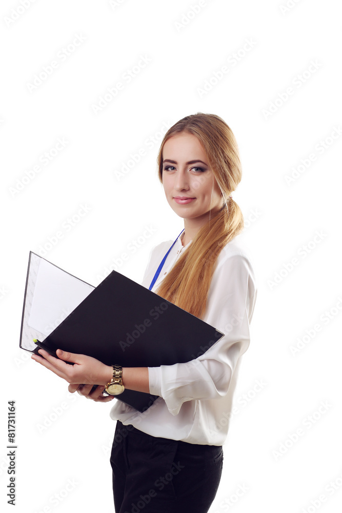 Portrait of young happy smiling business woman with black folder Portrait of young happy smiling business woman with black folder