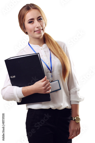 Smiling Young  American Businesswoman Holding Folders on Isolate