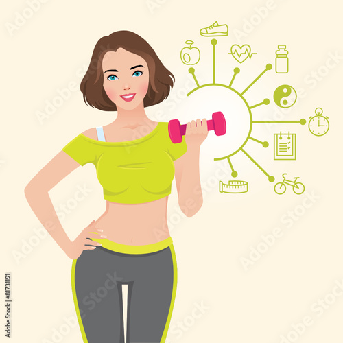 Illustration with elements of infographics girl doing fitness