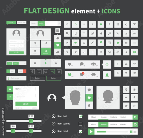 Flat design ui kit elements set with flat icons