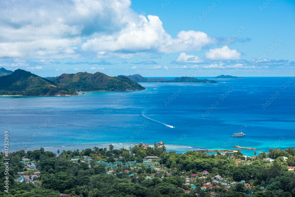 Panorama of La Digue island from Nid d’Aigle viewpoint, Seyche
