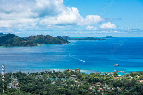 Panorama of La Digue island from Nid d’Aigle viewpoint, Seyche