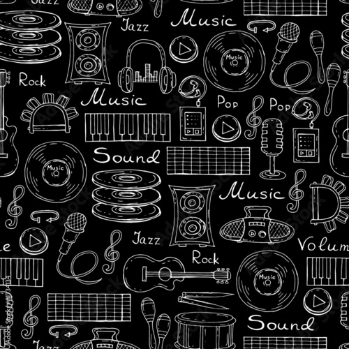 Vector pattern with hand drawn symbols of music on black color