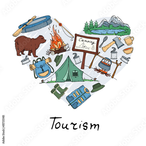 Vector stylized heart with hand drawn tourism, camping symbols