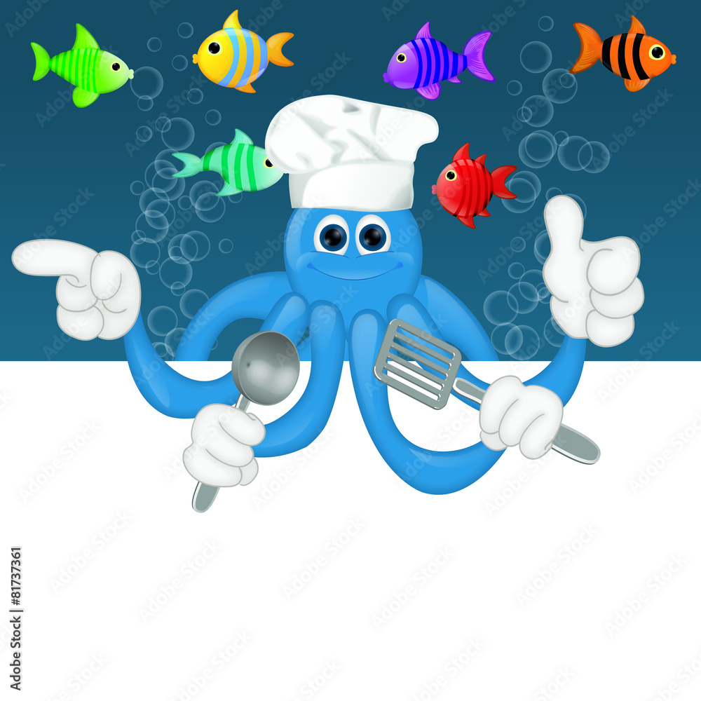 Funny squid octopus cook restaurant seafood ocean cartoon