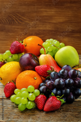 fruits. mango, lemon, plum, grape, pear, orange, Apple, banana, © nata_vkusidey