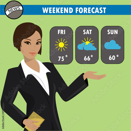 A vector illustration of a TV weather reporter at work.