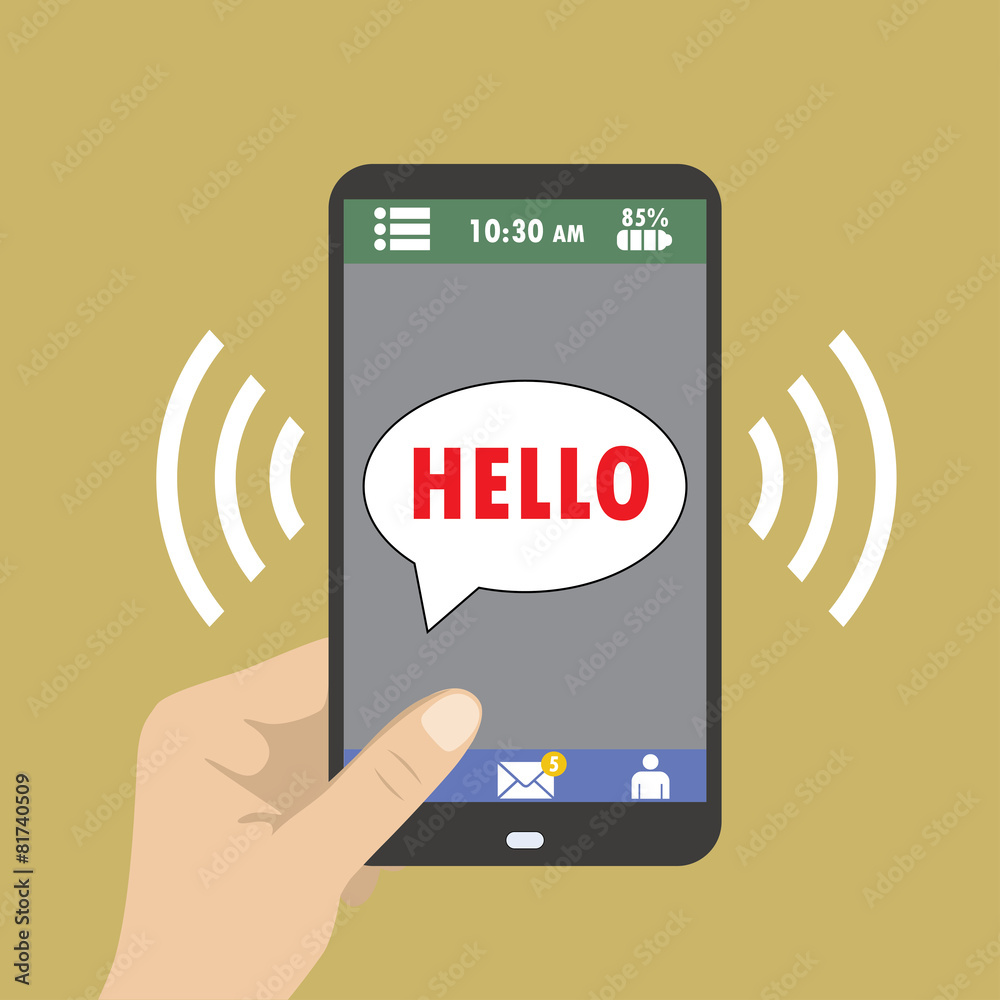 Hand holding smart phone, hello icon on the screen, flat design Hand holding smart phone, hello icon on the screen, flat design