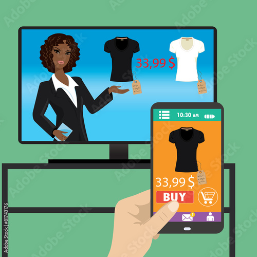 Woman is purchasing black t-shirt online