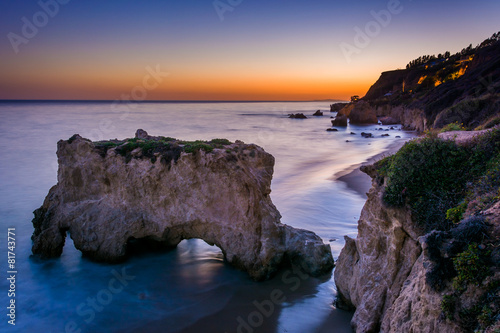Sea stack and view of the Pacific Ocean at sunset, from cliffs a