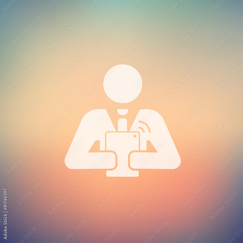 Man holding touchscreen digital tablet in flat style icon Man holding touchscreen digital tablet in flat style icon