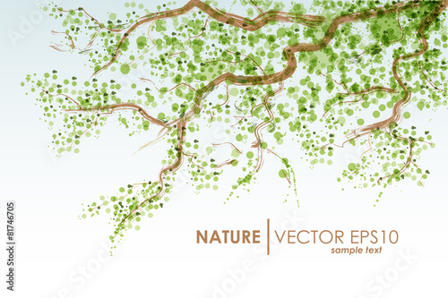 Natural background. Vector grunge. Tree branch with green leaves