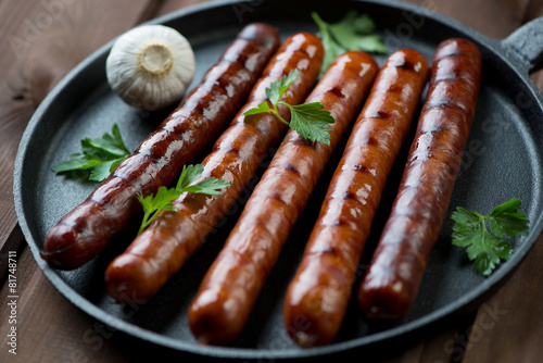 Grilled sausages with parsley and garlic in a frying pan
