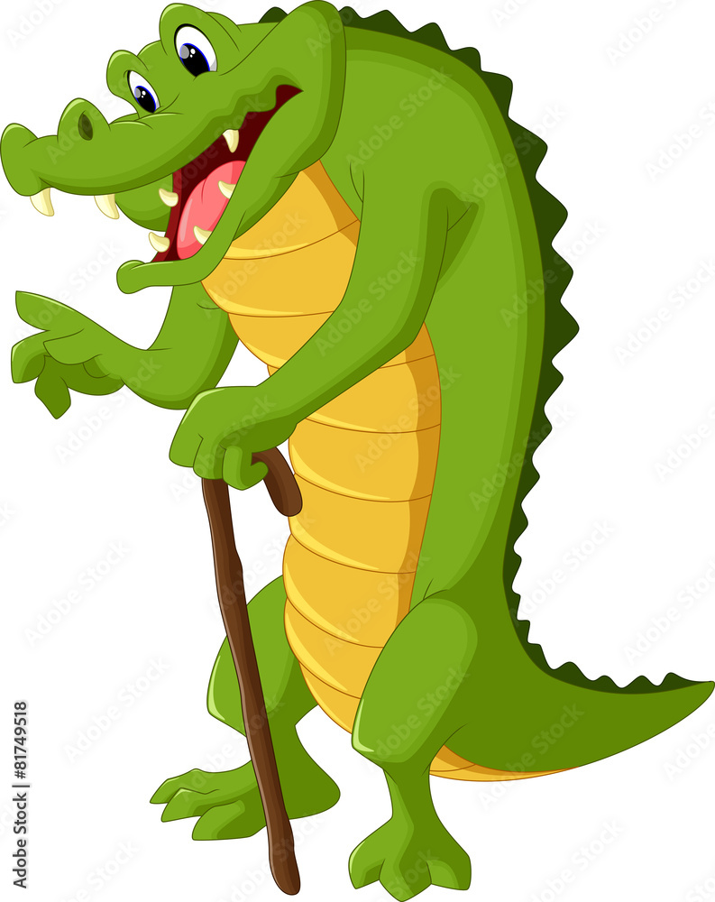 Naklejka premium Crocodile standing while holding a stick