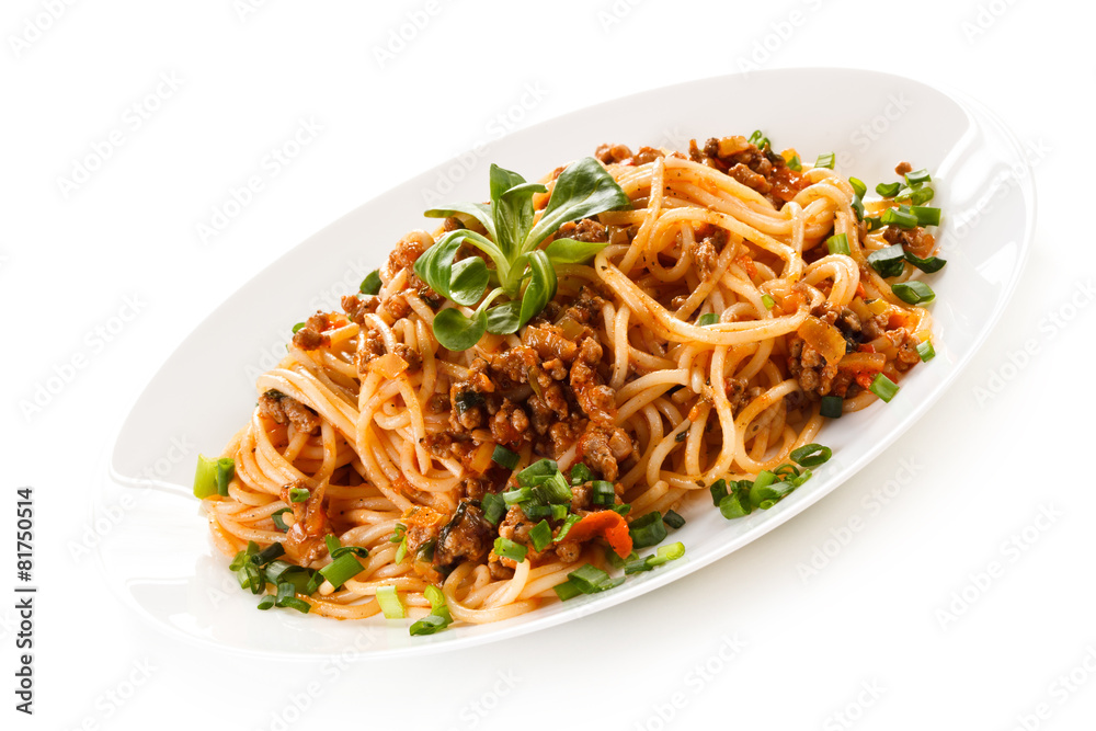 Pasta with meat, tomato sauce and vegetables