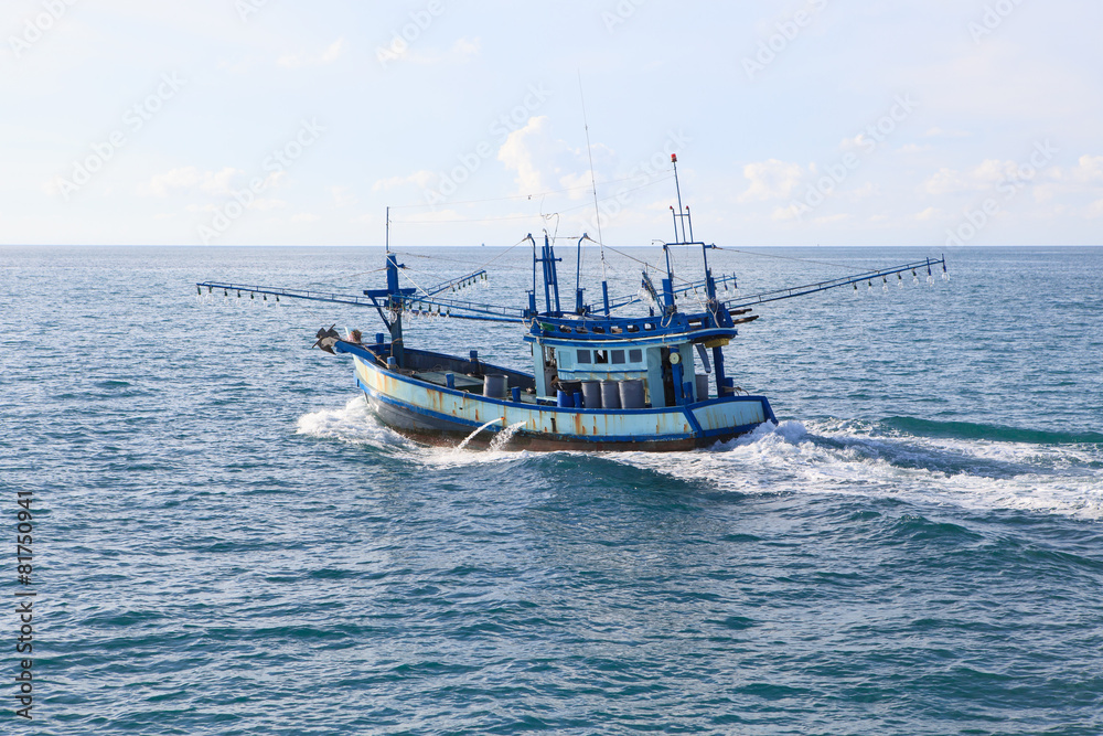 thailand local fishery boat running over blue sea water