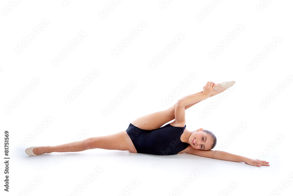 Kid girl rhythmic gymnastics exercises on white Kid girl rhythmic gymnastics exercises on white