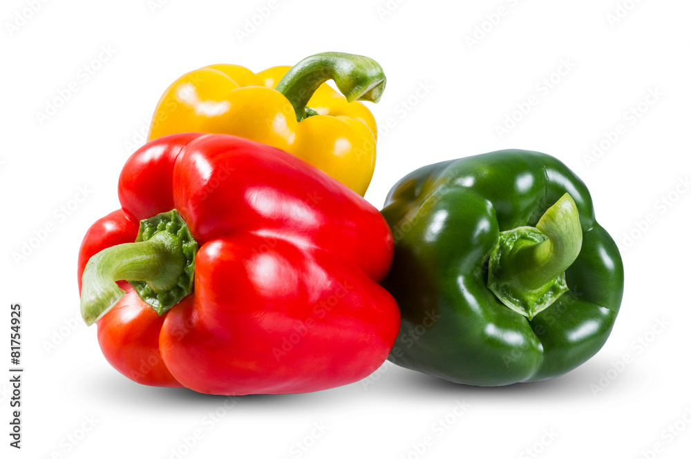 Fresh Three sweet Red, Yellow, Green Peppers isolated on white Fresh Three sweet Red, Yellow, Green Peppers isolated on white